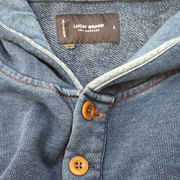 Lucky Brand Indigo Hoodley Mens Large L Blue Hoodie Pullover Chambray Shirt GG12 - Picture 4 of 7